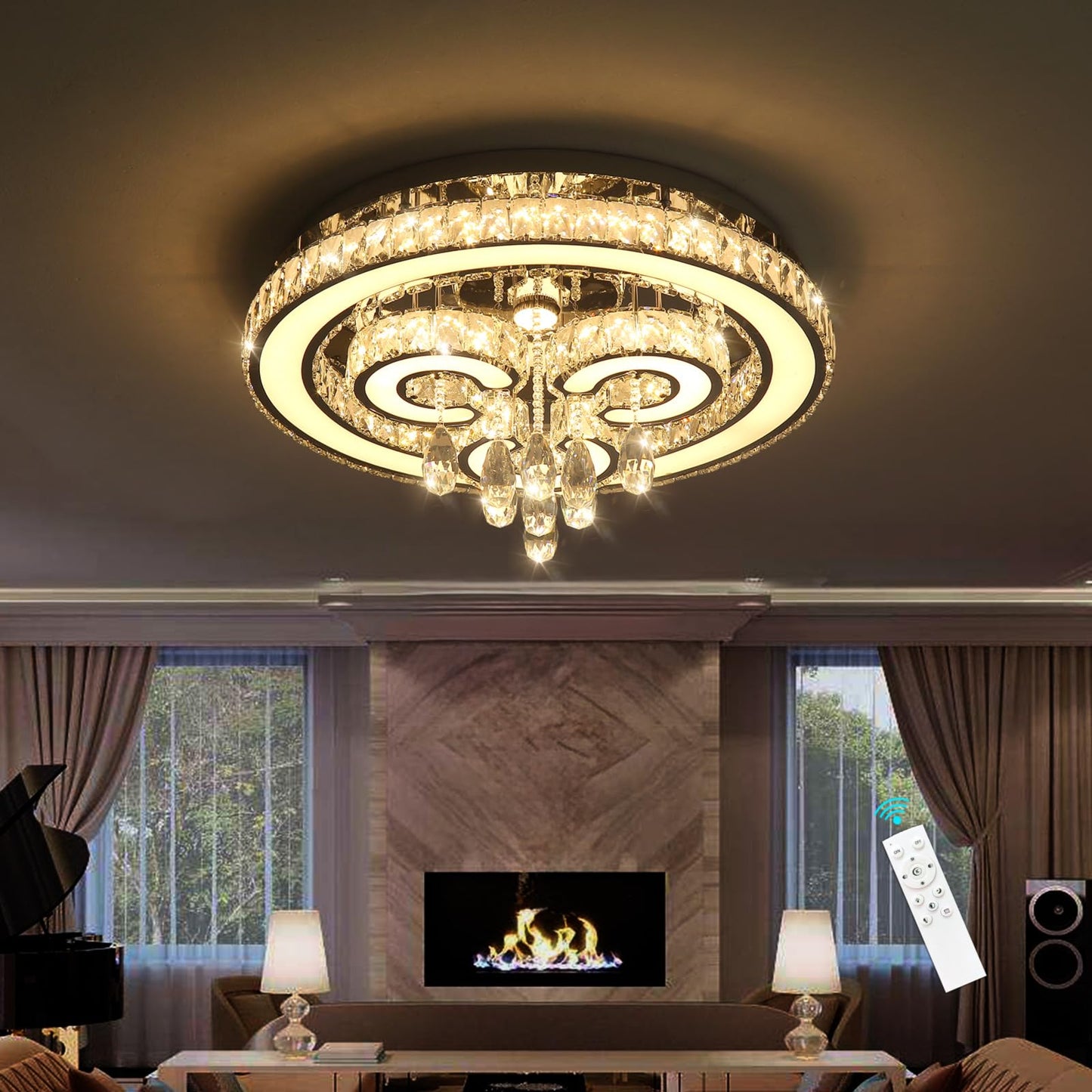 HAIXIANG Modern Glam Chandelier LED Crystal Light Interior Luxury Ceiling Chandeliers Remote Dimmable Lights Fixture 24 Inches Silver Light