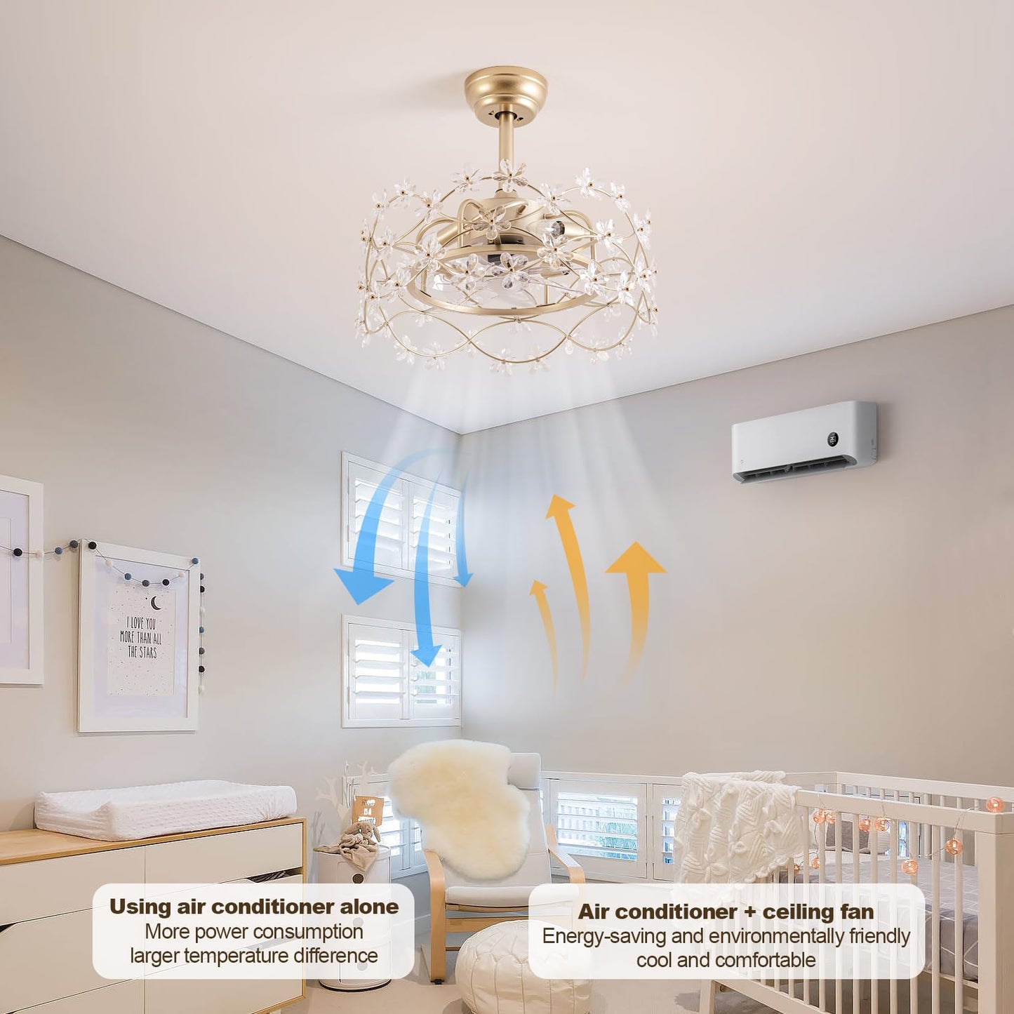 CELAVIEIOP 20" Gold Fandelier Ceiling Fan with Light, Flower Crystal Chandelier Ceiling Fan with Light and Remote Control, Modern Caged Enclosed 6 Speeds for Girl's Bedroom, Nursery, Living Room