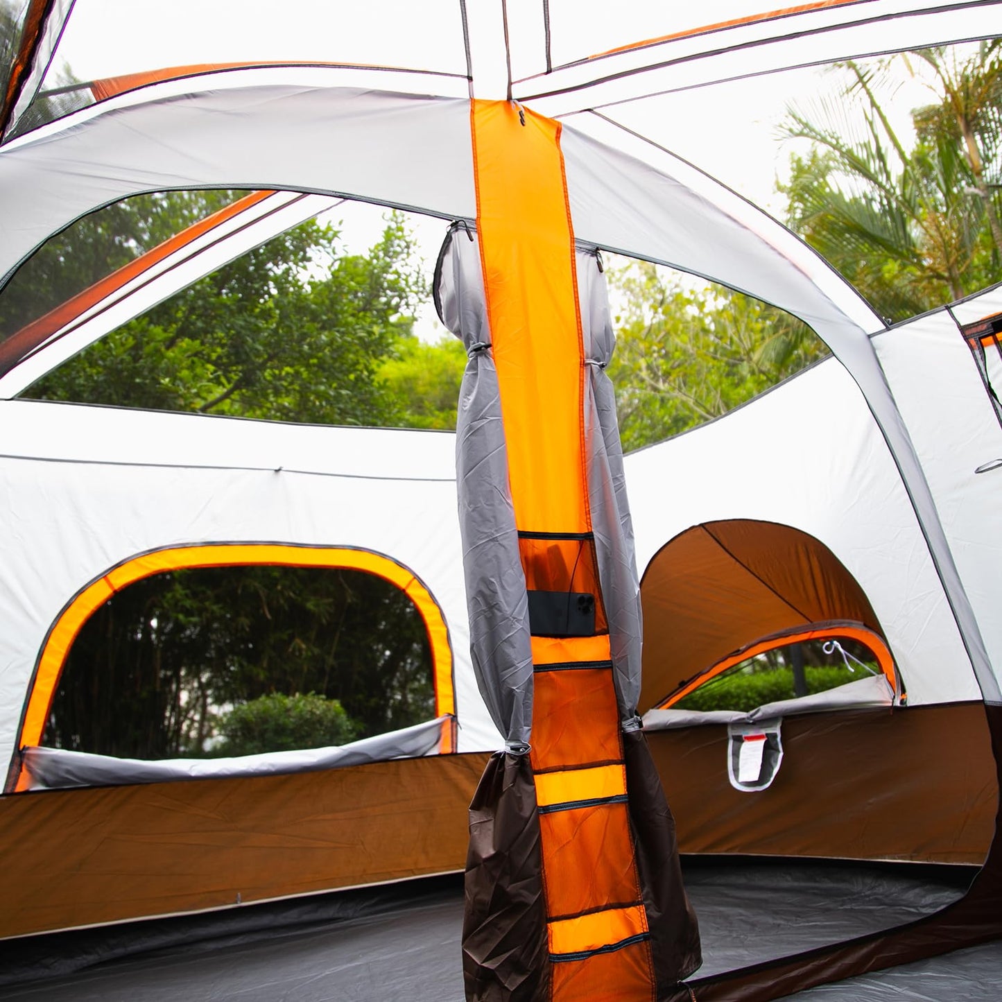 KTT Extra Large Tent 12 Person,2 Bay-Windows,Family Cabin Tents,14'Lx10'Wx6.58'H,2 Rooms and 3 Doors 3 Windows with Mesh,Waterproof,Straight Wall,Big Tent for Outdoor,Picnic,Camping,Gathering(Brown)