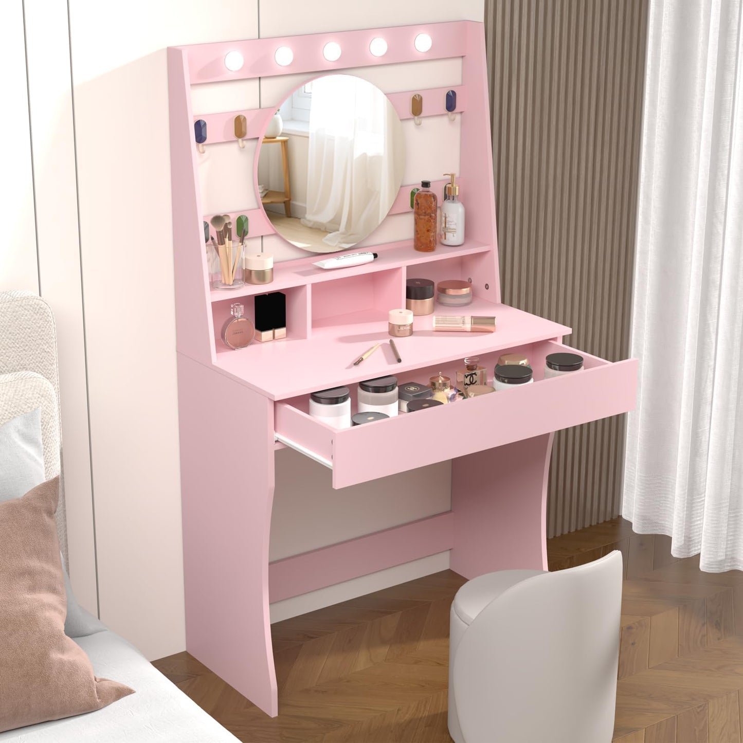 HedoAjim Vanity Desk with Lights, Makeup Table with Mirror, Dressing Table with 5 Hollywood Bulbs, 3 Adjustable Lighting Colors, Small Vanity Desk for Bedroom (Pink)