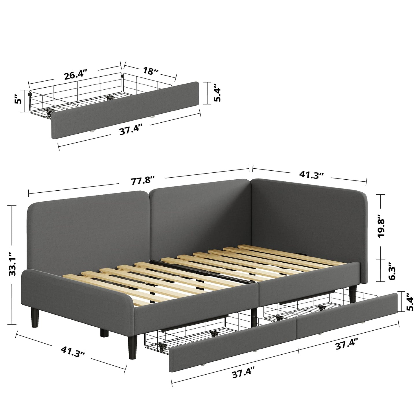 LIKIMIO Twin Daybed with Headboard, Corner Bed Frame with Bed Rails and Storage Drawers, Solid Support, for Bedroom Guest Room, Dark Gray