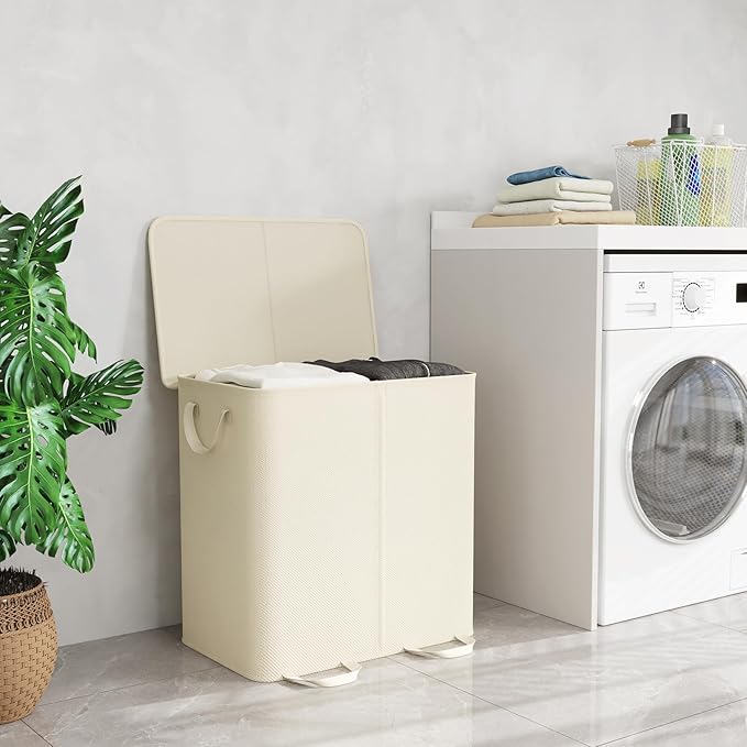 Lifewit Double Laundry Hamper with Lid and Removable Laundry Bags, Large Collapsible 2 Dividers Dirty Clothes Basket with Handles for Bedroom, Laundry Room, Closet, Bathroom, College, 136L Ivory White