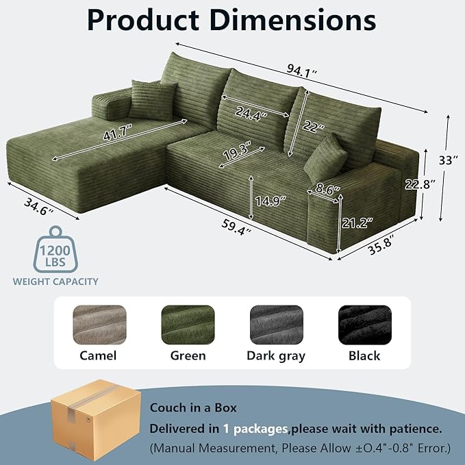 95" Cloud Sectional Couch with L-Shape Chaise, Modern Corduroy Boneless Couch for Living Room,Memory Foam Sofa with Deep Seat,No Assembly Required (Green,Left-Facing Chaise)