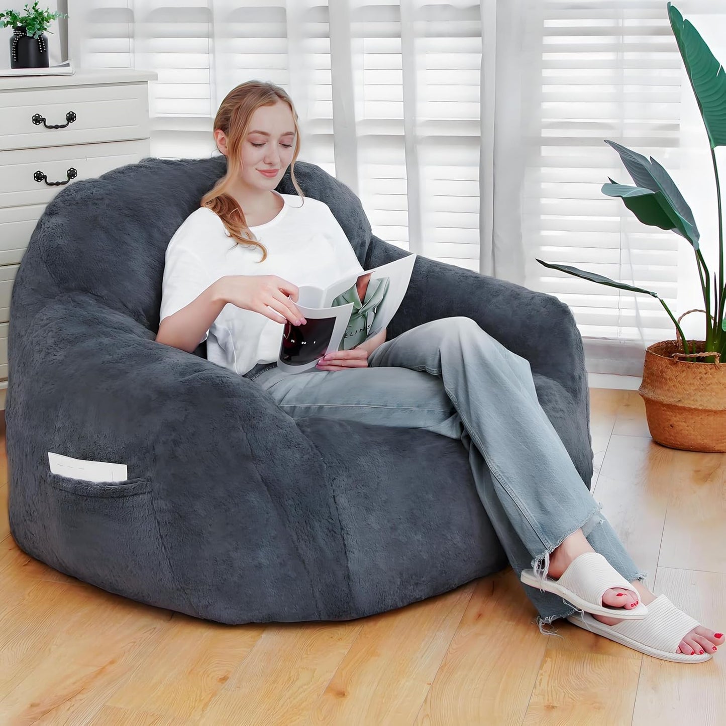 GOHOROS Giant Bean Bag Chair, Oversized Bean Bag Chairs for Adults and Kids, Gaming Chair Stuffed Memory Foam | Storage | Non-Slip, Removable Bean Bag Sofa Comfy Chair for Bedroom, Livingroom (Grey)