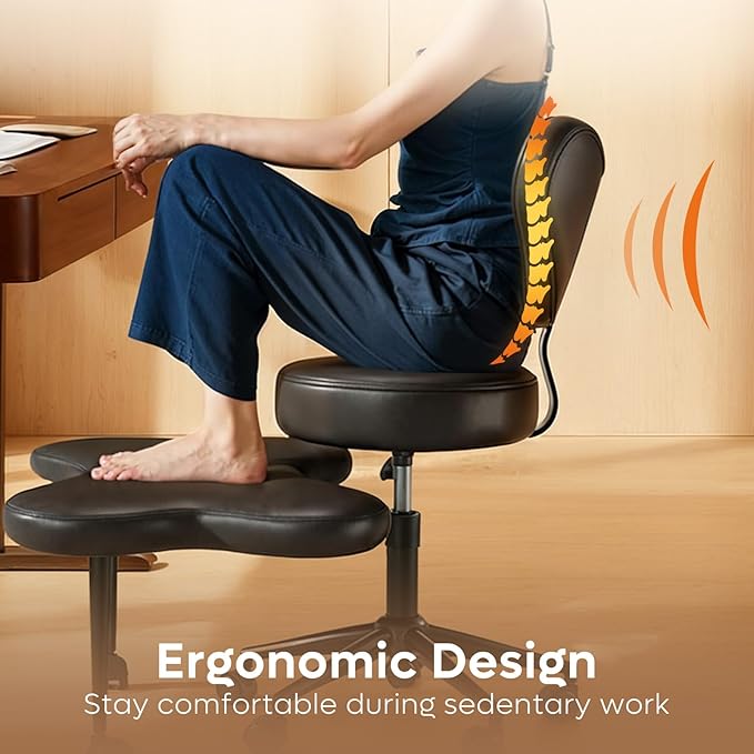 Nost & Host Cross Legged Office Chair with Wheels, 4INCH ADHD Chair for Adults, Meditation Chair, Height Adjustable Seat, Yoga Chair, PU Leather, Black