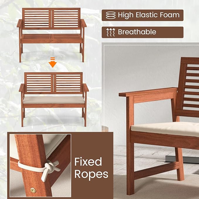Tangkula Outdoor Bench with Cushion, 2-Person Patio Bench with Slatted Back & Seat, Removable Cushion, Conversation Loveseat Chair for Porch Lawn Garden Backyard Balcony (Off White)