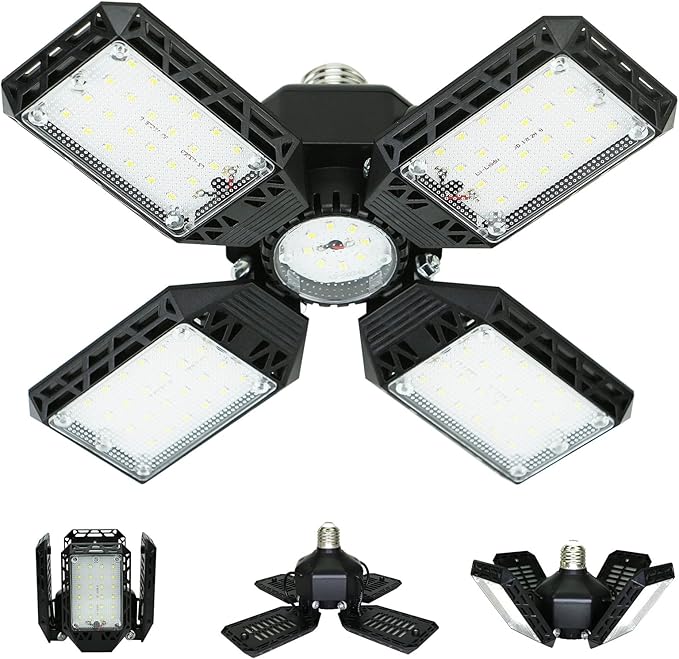 QiyuanLS LED Garage Light,150W Deformable Garage Ceiling Lights,15000LM, 4 Adjustable Panels, E26/E27 Shop Lights for Base...