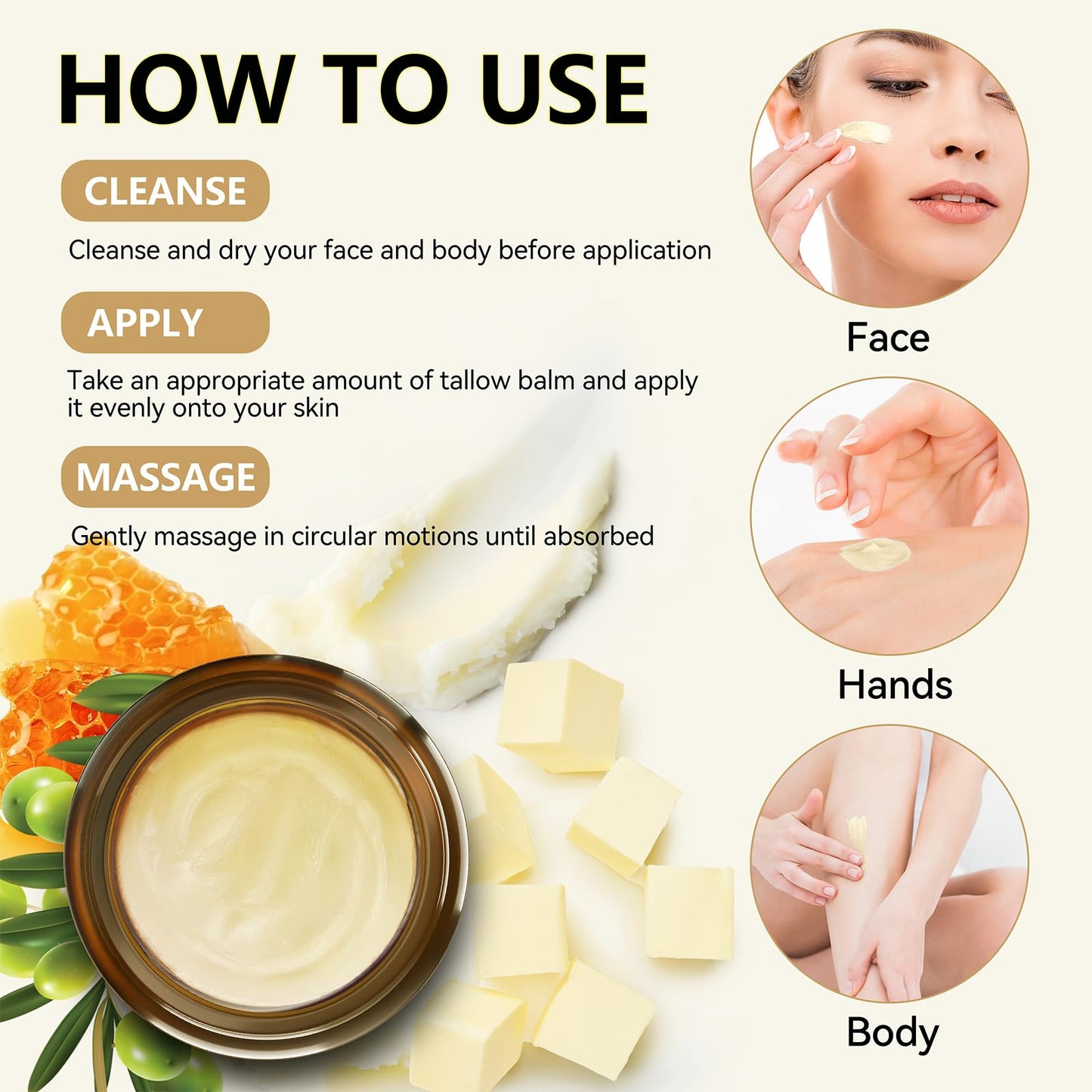 Beef Tallow for Skin, Organic Tallow and Honey Balm for Face, Natural Face Moisturizer, Grass Fed Beef Tallow Skin Care Cream Bo