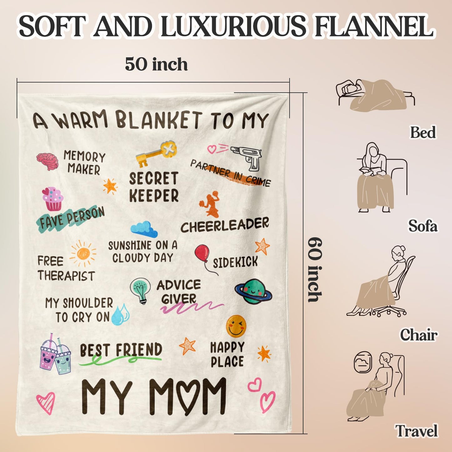 Gifts for Mom Birthday, Birthday Gift for Mom, Gifts for Mother, Mother Present for Valentines Christmas Mothers Day, Mommy Blanket, Anniversary Present Blanket to Mom from Daughter Son 60”x50”
