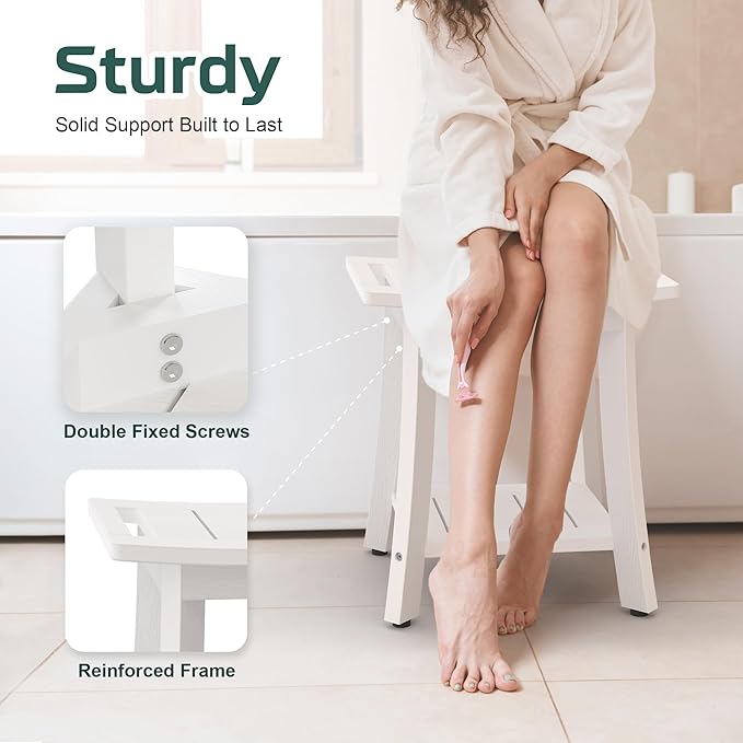 Waterproof Shower Benches for Inside Shower, Poly Lumber Shower Stool with Storage Shelf & Adjustable Feet, SPA Bathroom Seat Chair for Shaving Legs, Indoor or Outdoor Use, White