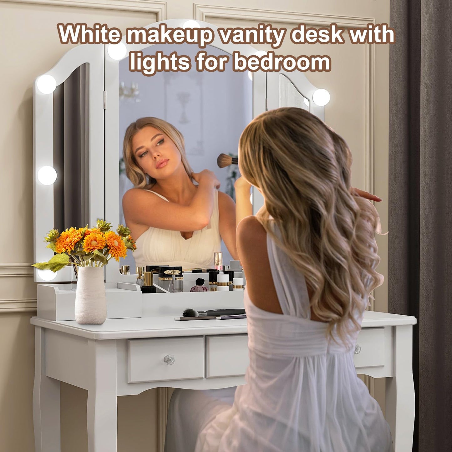 HIULOG Vanity Desk with Mirror and Lights, Vanity with Stool,5 Drawers and Cabinets White Vanity Mirror with LED Lights Vanity Desk and Chair for Bedroom