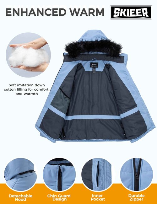 Skieer Women's Plus Size Ski Jacket Waterproof Raincoat Windproof Insulated Winter Jacket(Blue Haze,3XL)