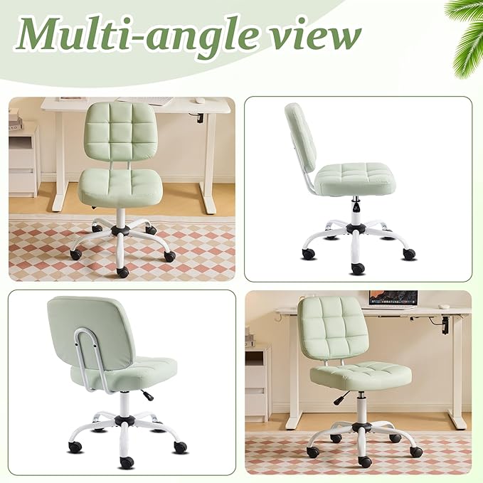 VINGLI Compact Small Desk Chair, Cute Armless Chair with Wheels, Vanity Chair with Low Back, Height Adjustable Task Chair for Small Spaces, Office, Bedroom, Make Up Room, PU Leather, Mint Green