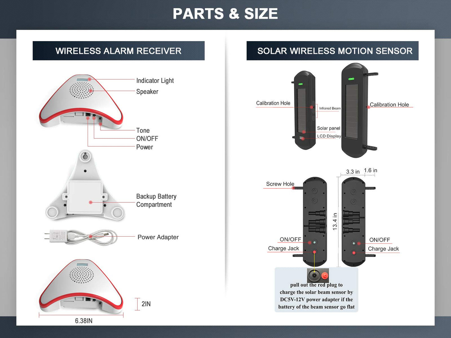HTZSAFE Solar Wireless Driveway Alarm System- 1/2 Mile Long Transmission Range- 300 Feet Wide Sensor Range- No Wiring No Need Replace Battery- Outdoor Weatherproof DIY Security Perimeter Alert System