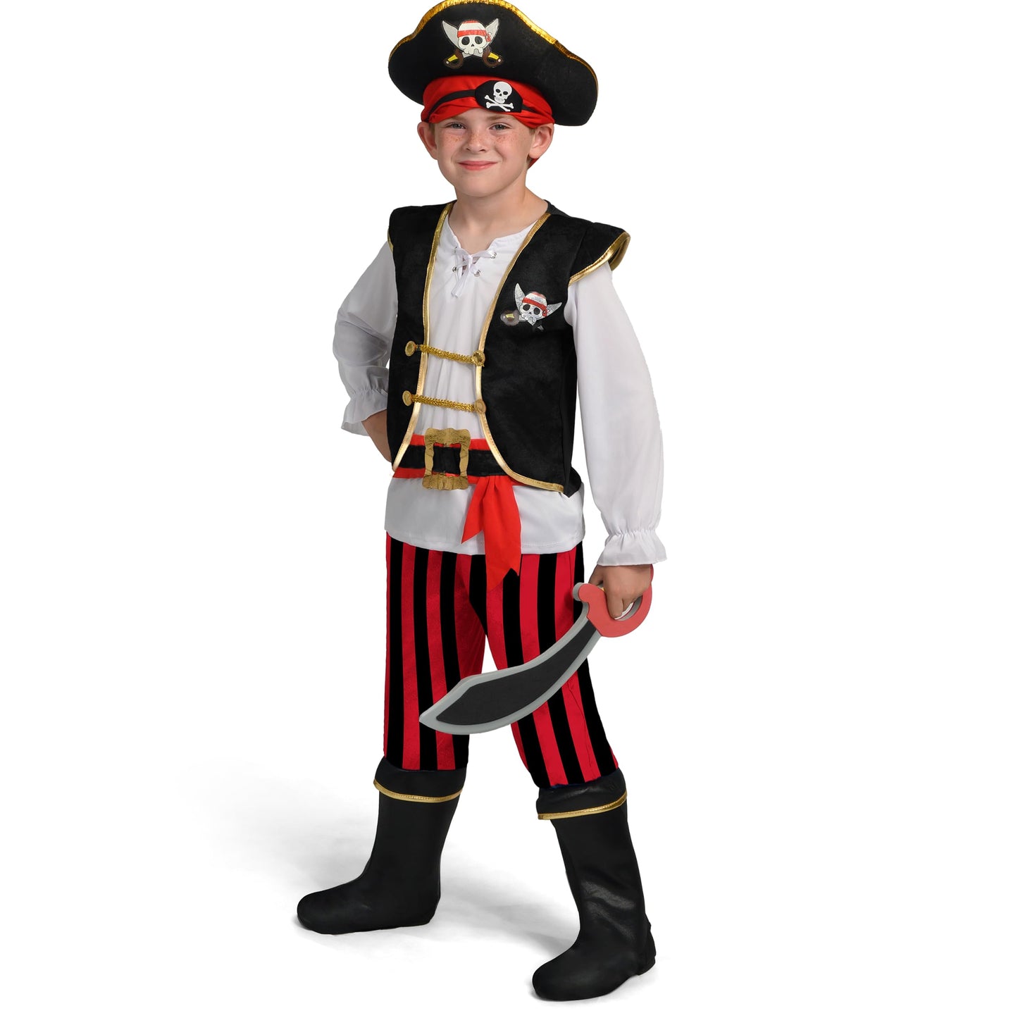 Spooktacular Creations Pirate Costume for Kids, Boys Classic Red Pirate Outfit Deluxe Set with Toy Accessories for Toddler Halloween Pretend Roleplay Themed Party (3T, 3-4 yrs)
