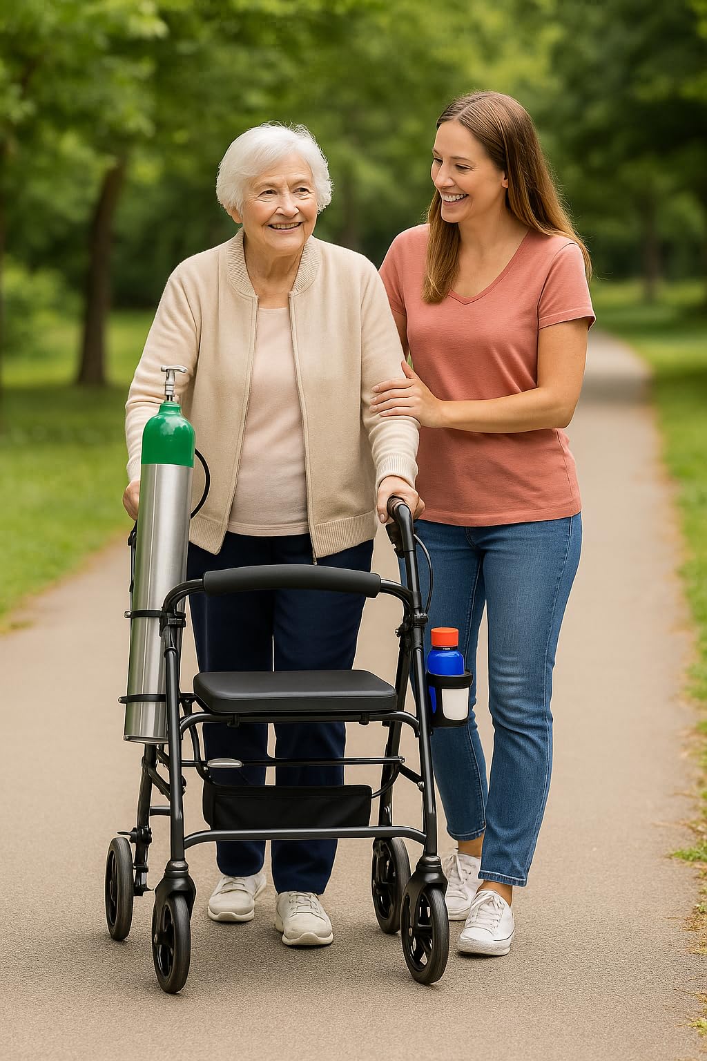Oxygen Tank Holder for Walker, Rollator & Wheelchair – Fits D & E Size Cylinders – Steel Bracket with Secure Straps – with Cup Holder – Easy Install for 1" or 1 1/8" (25–28.6 mm) Tubes