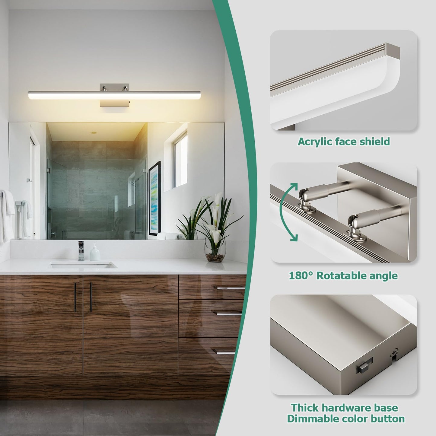 KELIDEN Brushed Nickel Vanity Light 31.5", 24W LED Dimmable Bathroom Light Bar with Adjustable Angle & 5CCT – Modern Long Wall Fixture for Bathroom, Powder Room, Bedroom, Apartment, Hotel