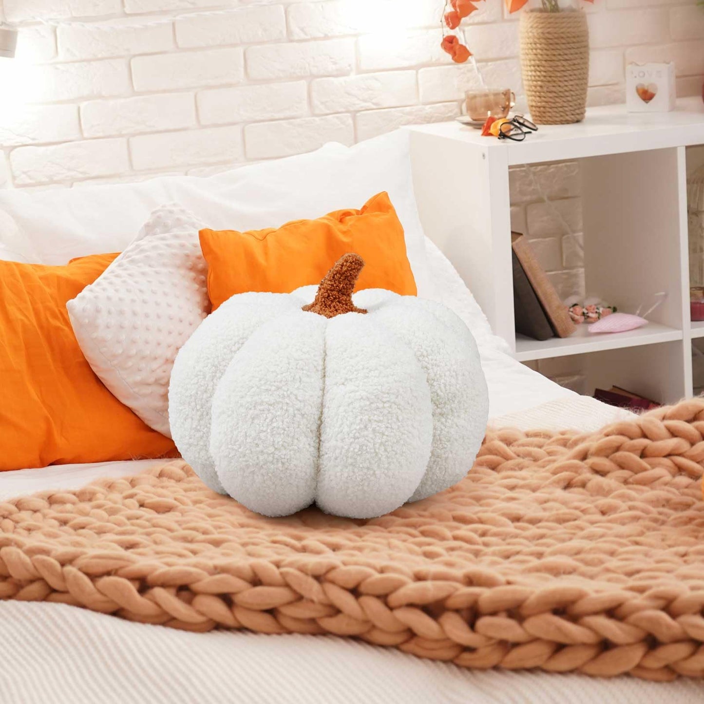 Juexica 7 Inch Halloween Stuffed Pumpkin Pillow Fluffy Plush 3D Pumpkin Shaped Decoration Fall Thanksgiving Cushion Pillow Soft Cute Throw for Sofa Couch Supplies(White)