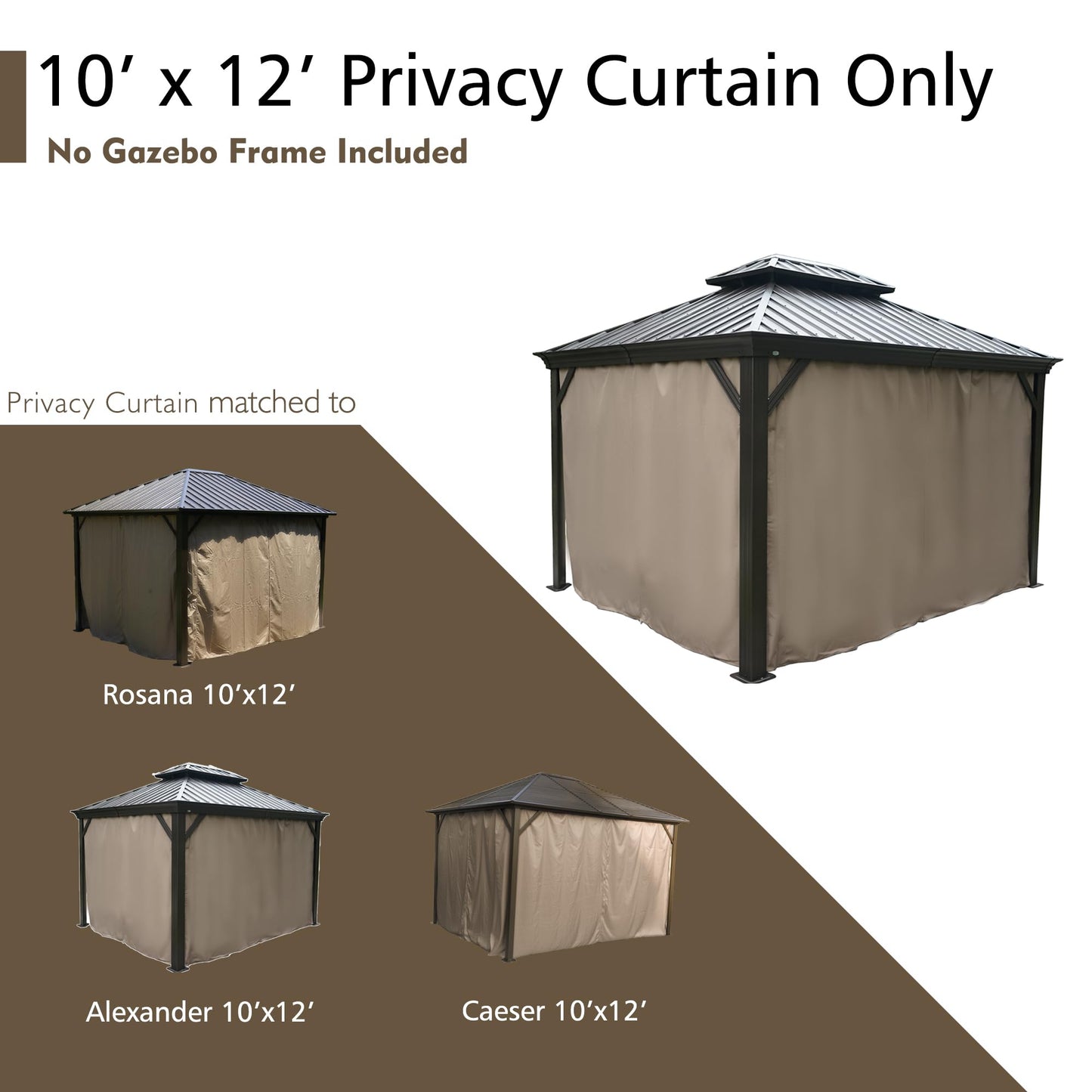 Kozyard Privacy Curtain Outdoor Waterproof Sidewall for Hardtop, OEM Replacement for Patio Gazebo Curtains - Alexander, Caesar, Rosana, Apollo (10ft x 12ft, Brown