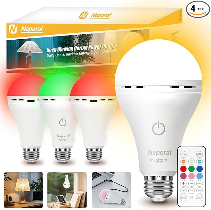 Neporal Rechargeable Light Bulbs, Back Up Battery Light Bulbs, 15W 80W Equivalent 5000K 1200mAh Battery Operated Light Bulb, Emergency Lights for Home Power Failure, Pack of 4 (9 Colors 4PK)