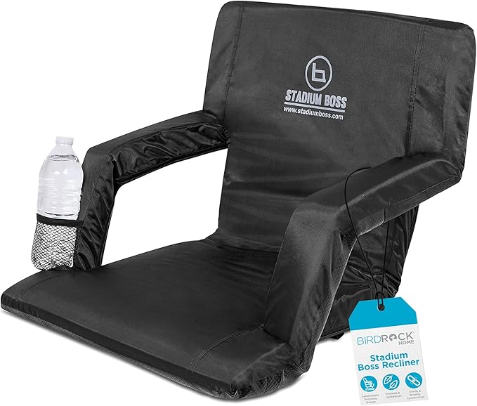 Stadium Boss Recliner Stadium Seat for Bleachers, Benches, Lawns, Backyard, Camping & Beach – Padded Sport Chair, Cushion Backs & Armrest – 6 Reclining Positions – Portable Carry Straps – Black