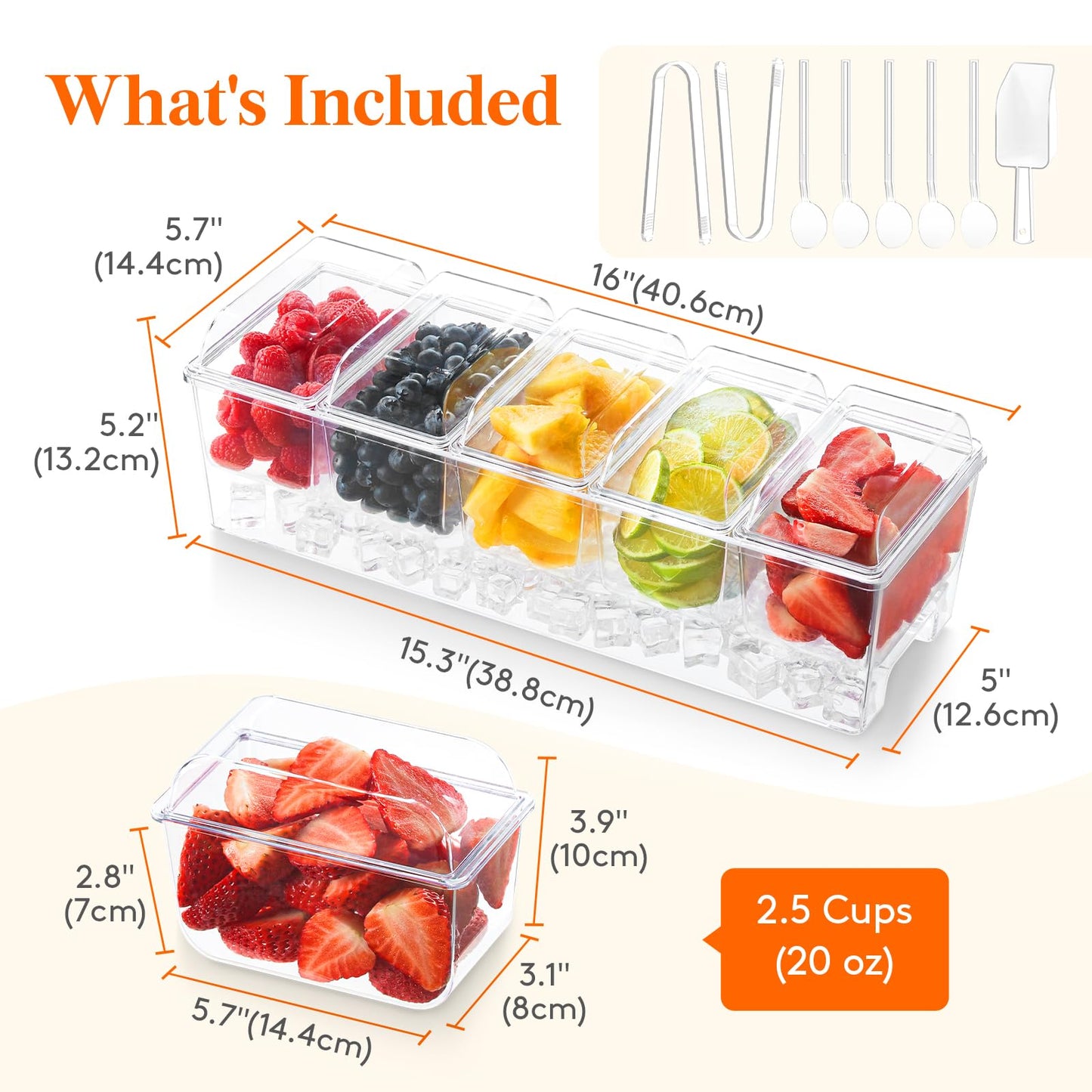 Lifewit Taco Bar Serving Set for Party with 5 Containers(2.5 Cup) & Components, Large Ice Chilled Condiment Caddy Organizer, Garnish Serving Tray Platter for Mimosa Bar Accessories, Fruit, Salad, Food