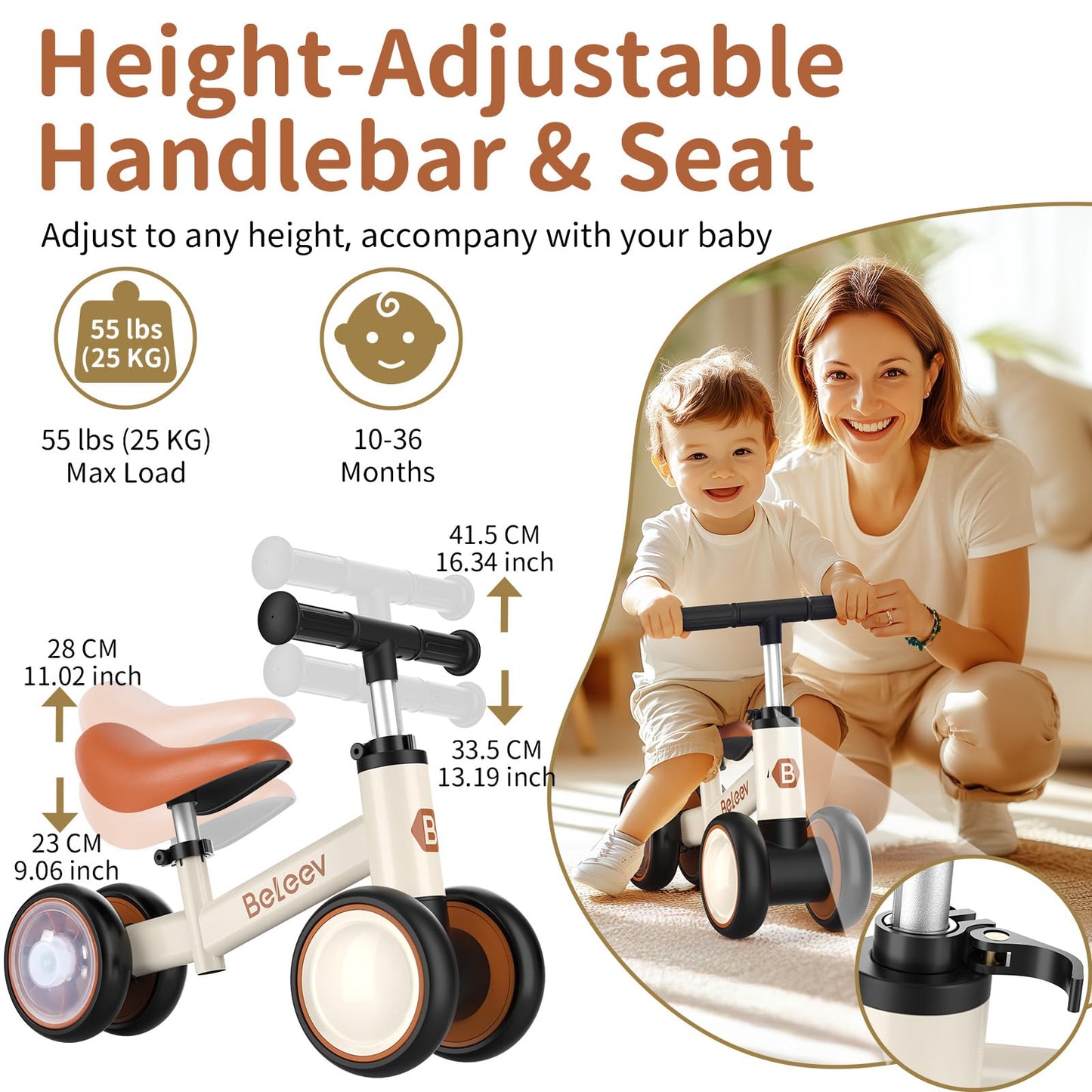 BELEEV Colorful Lighting Baby Balance Bike for 1-3 Year Old Boys Girls, Toddler Bike with Light-Up Wheels, Adjustable Seat & Handlebar, 135° Safe Limited Steer, First Gift for 10-36 Month(Brown)