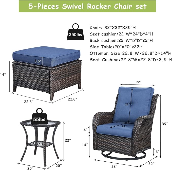 Rilyson Patio Furniture Swivel Chairs Set - 5 PC Wicker Rattan Outdoor Sectional Conversation Sets with 2 Swivel Rocking Chairs,2 Ottomans and 1 Side Table for Porch Deck(Brown/Blue)