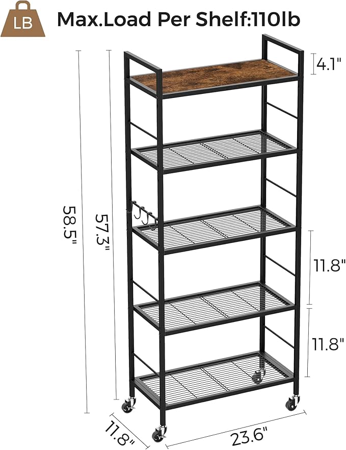 XIVIRACK 5-Tier Metal Storage Rack with Industrial Wheels,Mesh Shelving Unit with Wooden Table top,Adjustable Shelf,23.6-Inch Width,for Kitchen, Laundry,Pantry,Plant,Black