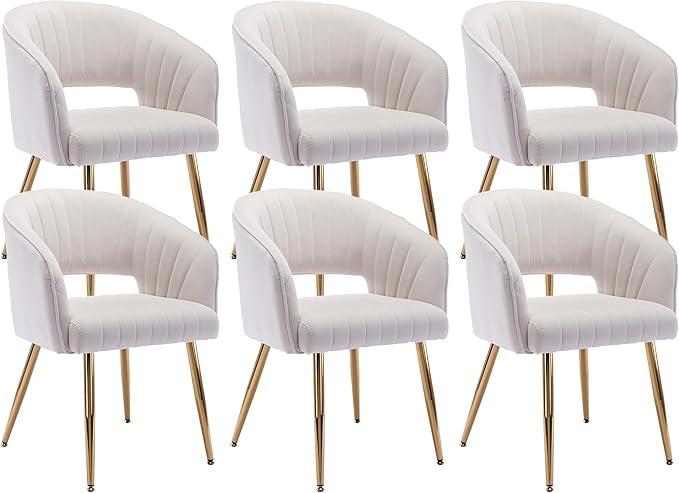 KCC Modern Accent Dining Chairs, Set of 6, Velvet Dining Chairs with Tufted Hollow Back & Gold Metal Legs for Living Room, Dining or Restaurant - Cream
