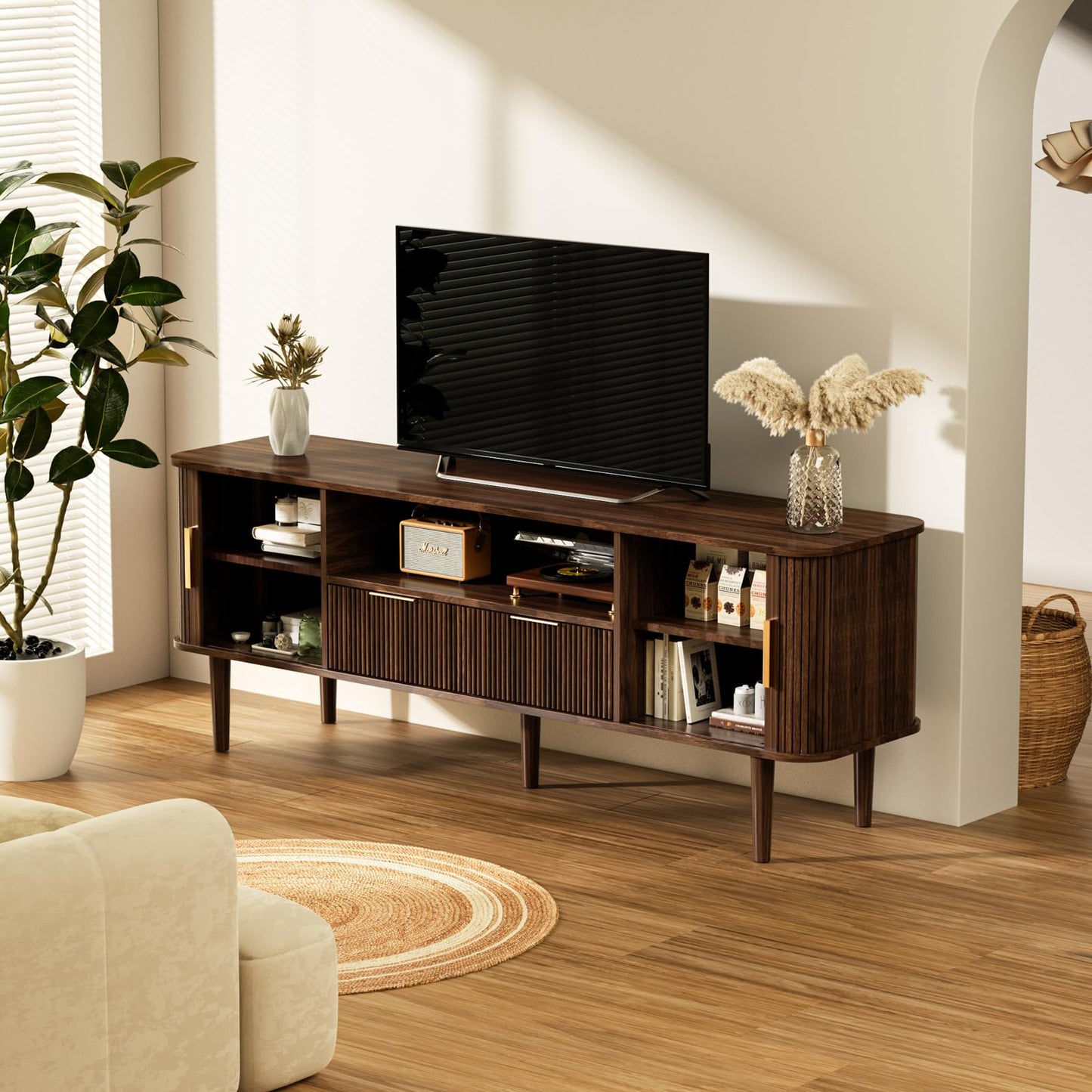 DAMCROP TV Stand 62.4 Inch Mid Century Modern Media Console Table with Drawer Shelves Sliding Tambour Door Farmhouse Sideboard Buffet Cabinet Fits TVs up to 75 inch Fluted Wood Entertainment Center