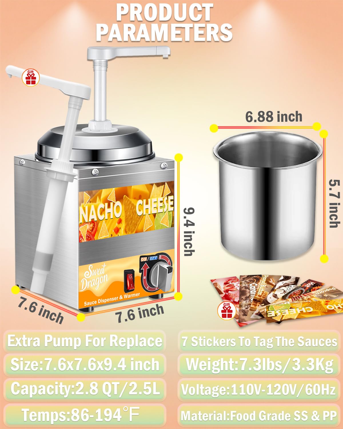 Nacho Cheese Dispenser with Pump, 2.8 Qt Nacho Cheese Warmer, Stainless Steel Hot Fudge Cheese Melter Warmer W/6-Level Temperature Adjustment, Commercial Sauce Dispenser for Butter Syrup Caramel