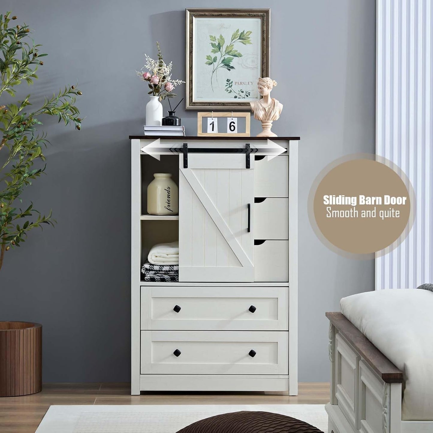 BLANKSPACE Antique White Dresser for Bedroom with 5 Drawers, 5 Chest of Drawers with Sliding Barn Door, Farmhouse Dresser for Living Room, Dining Room, Hallway