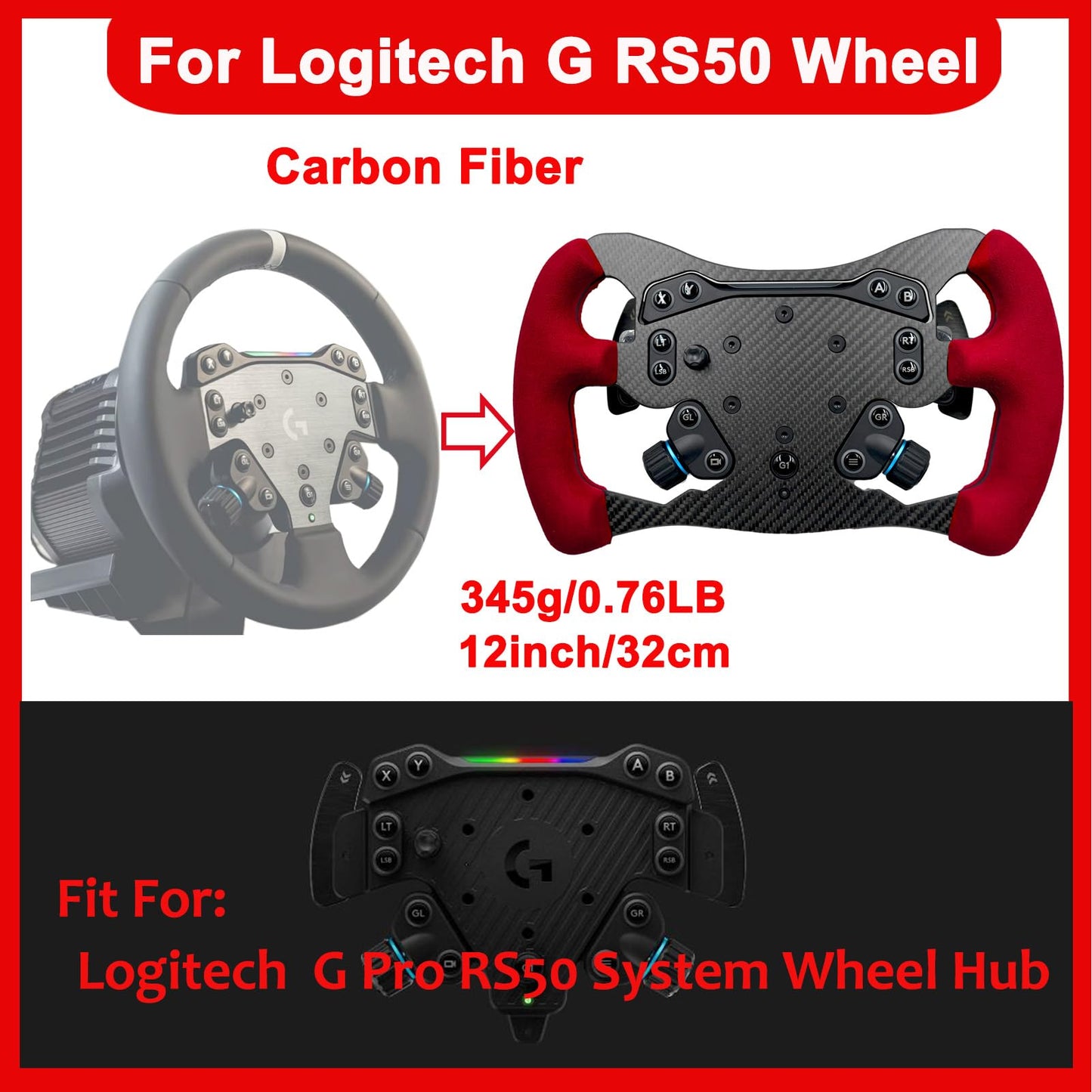 F1 Formula Real Carbon Fiber Wheel Mod For Logitech G PRO SIM Racing Wheel ; Replace Supper lightweight Compatible with Logitech G RS RS50 System Hub Shifter With Suede Grip (12 INCH GT Red Suede)