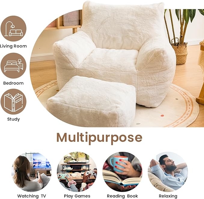 Cvortll Bean Bag Chair with Ottoman, Armrest Bean Bag Chairs with Filler, Ultra Soft Fluffy Faux Fur Bean Bag Chair with Foot Rest, Plush Lazy Sofa with Foot Stool for Living Room, Dorm