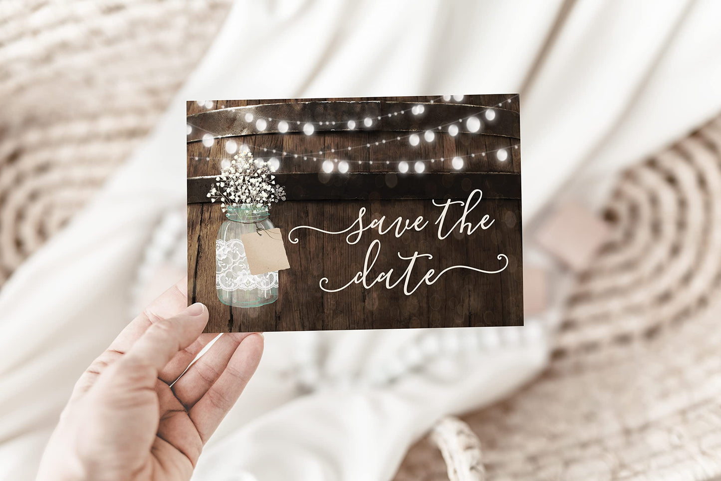 Your Main Event Prints 50 Rustic Mason Jar Save The Date Cards for Wedding, Engagement, Anniversary, Baby Shower, Birthday Party, Wood Save The Dates Postcard Invitations