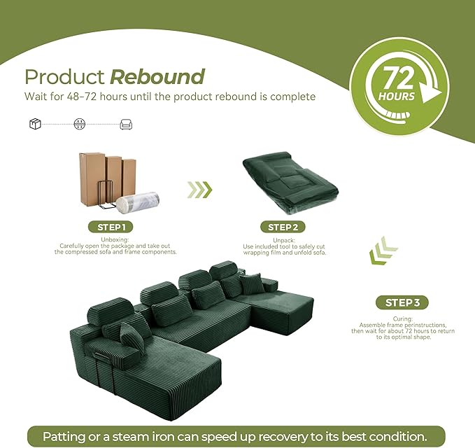 141" U-Shaped Cloud Modular Sectional Sofa with Chaise & Headrest, Boneless Deep Seat Plush Corduroy Couches for Large Living Room, No Assembly Required (Green, 141" U-shapred Chaise)