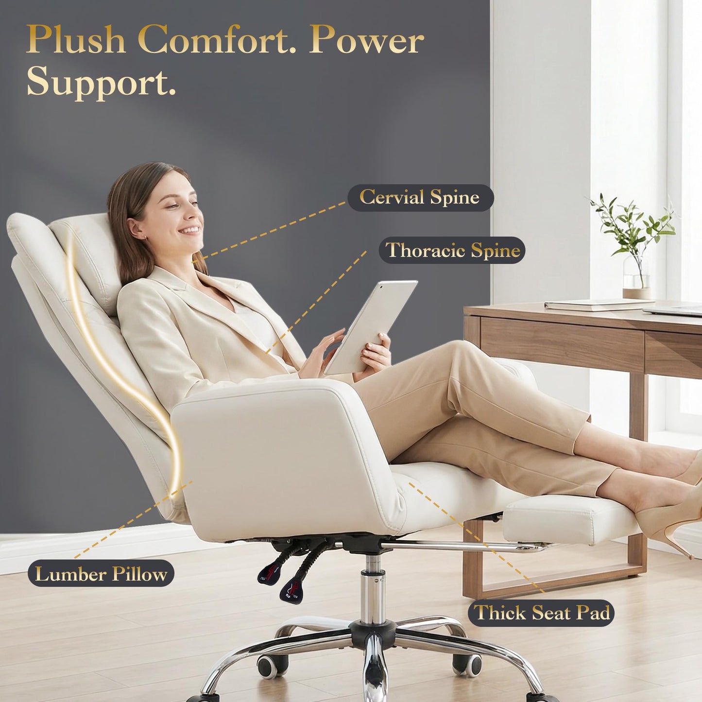 forveolux High Back Executive Office Chair with Footrest, Reclining PU Leather, Lumbar Support, Criss Cross Style, 155° Recline (Beige)