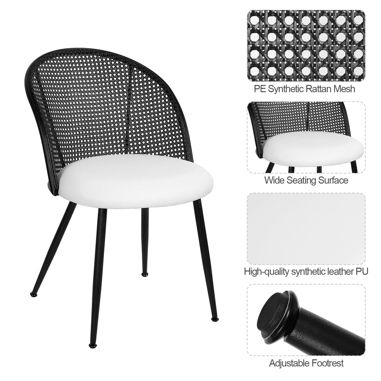 Bekrvio Rattan Dining Chairs Set of 4, Faux Leather Upholstered Dining Chairs with Black Cane Back, Mid-Century Modern Farmhouse Armless Accent Chairs for Kitchen Dining Room, Restaurant, White