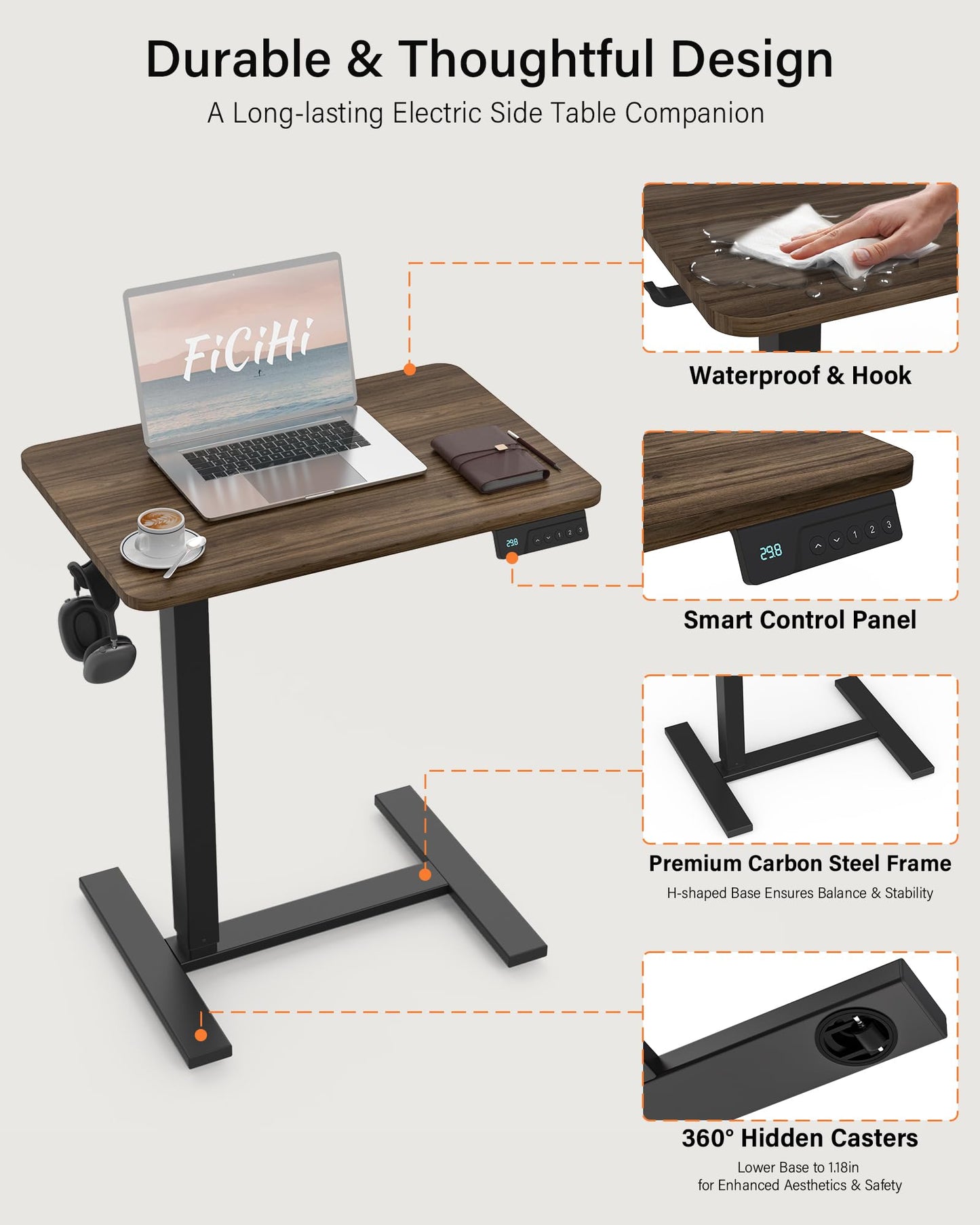 FiCiHi Mobile Standing Desk with Wheels - Electric Height Adjustable Small Movable Laptop Desk, Portable Rolling Computer Workstation Sit Stand Table for Home Office, Sofa & Bedside Use(23.6", Walnut)