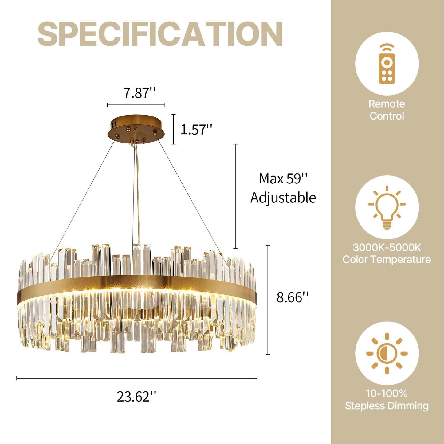 23.6" Dimmable Modern LED Crystal Chandeliers,Gold Chandelier Light Fixture, 3 Colors Contemporary Pendant Ceiling Light for Dining Room Living Room Kitchen Island Entryway Foyer ,With Remote Control