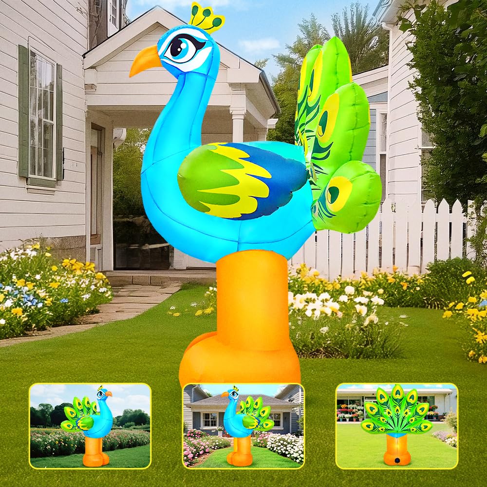 KOOY 6FT Peacock Decor Inflatable, Built in LED Lights Blow Up Animal Decorations for Garden, Peacock Garden Decor for Summer Beach Party Tropical Lawn Yard
