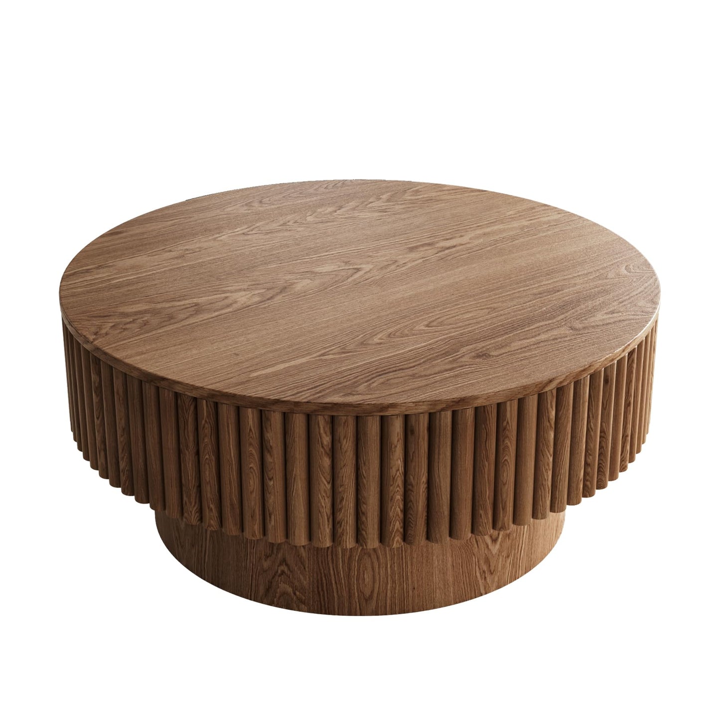 Rophefx Round Coffee Table with Storage, Wood Circle Coffee Tables for Living Room, Fluted Modern Circle Drum Center Tea Tables, ø31.5" x 14"H, Walnut Color