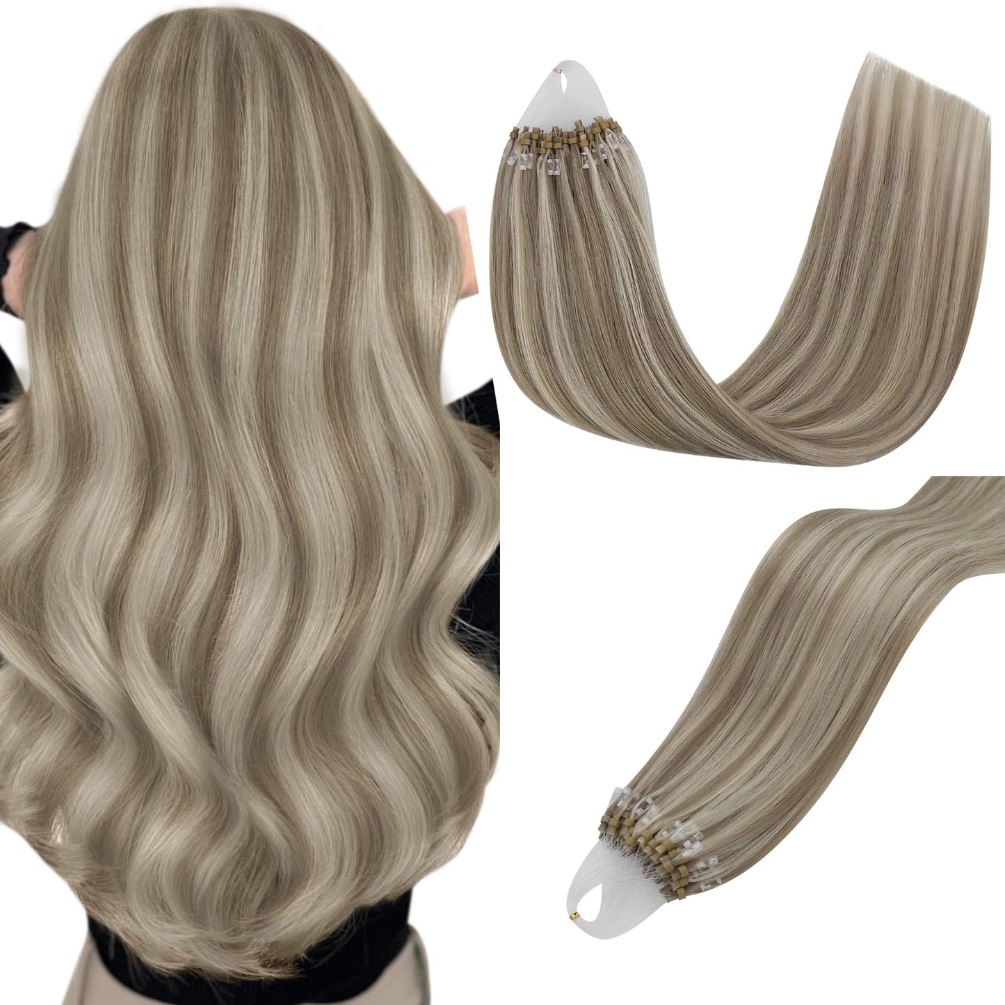 Easyouth Micro Hair Extensions Human Hair Invisible Microlink Hair Extensions Light Brown Highlights Platinum Blonde Micro Bead