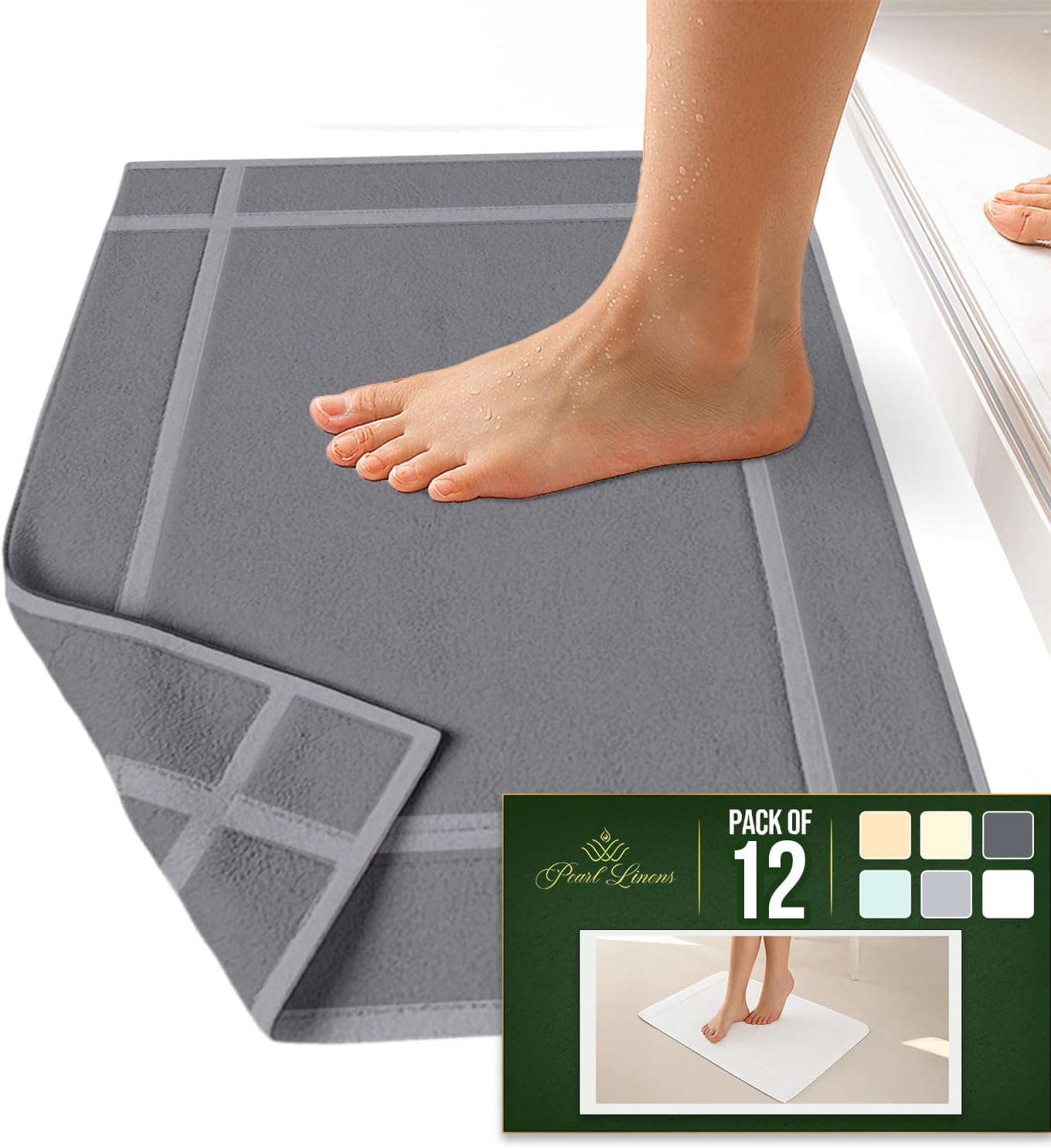Pearl Linens Pack of 12 Washable Cotton Bath Mat 18x25 - Soft & Absorbent Quick Dry Bathroom Mat Set, Not Bathroom Rugs After Shower Mat, Terry Bath Tub Mat, 687 GSM Light Grey
