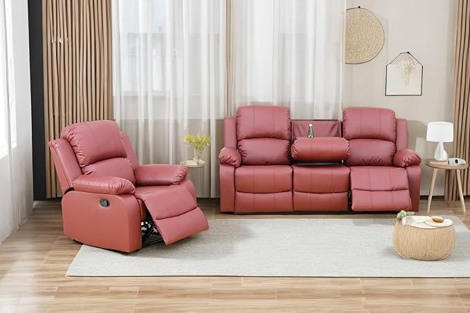 A Ainehome Living Room Furniture Set Leather Recliner Sofa Set Loveseat Chair Furniture Sofa Set for Living Room/Small Space/Rv/House/Office/Theater Seating (A-Red Leather, Sofa+Chairs)