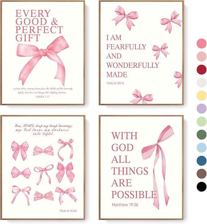 LARTSFRO Coquette Pink Bow Christian Wall Art Decor Posters, Pink Bow Christian Bathroom Room Bedroom Dorm Wall Art Decor ...