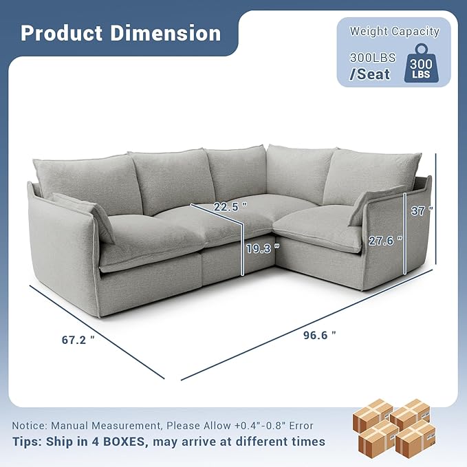 Lopzeho Cloud Modular Sectional Sofa, Waterproof Down Filled Sectional Sofas, High Backrest 4 Seater Sectional Couches for Living Room, Modern Modular Couch with Removable Cover, Light Gray