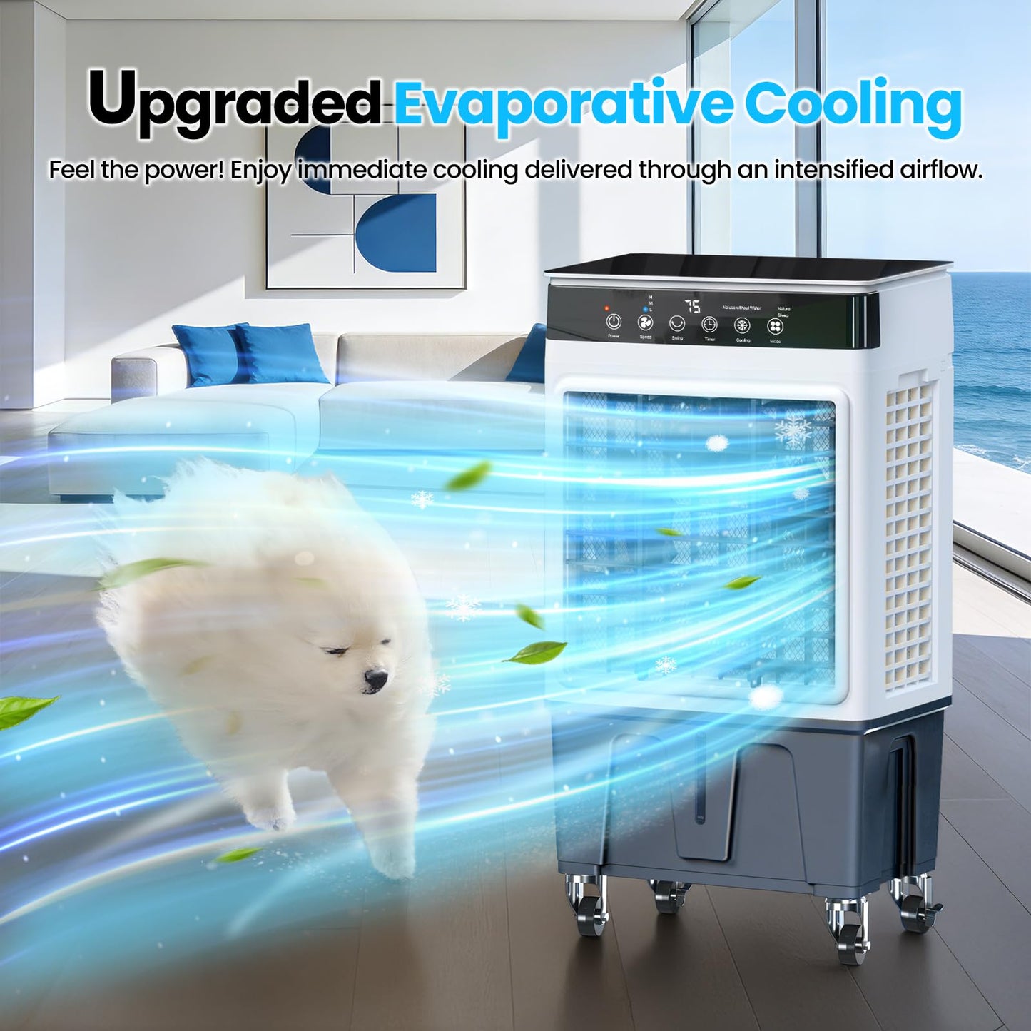Portable Swamp Cooler Air Conditioner, 4-in-1 Evaporative Air Cooler with 7.5-Gal Tank for 30H Cooling, Dry-Burn Protection, Remote, 12H Timer, 4 Ice Packs, 120° Oscillation for Home Office Garage