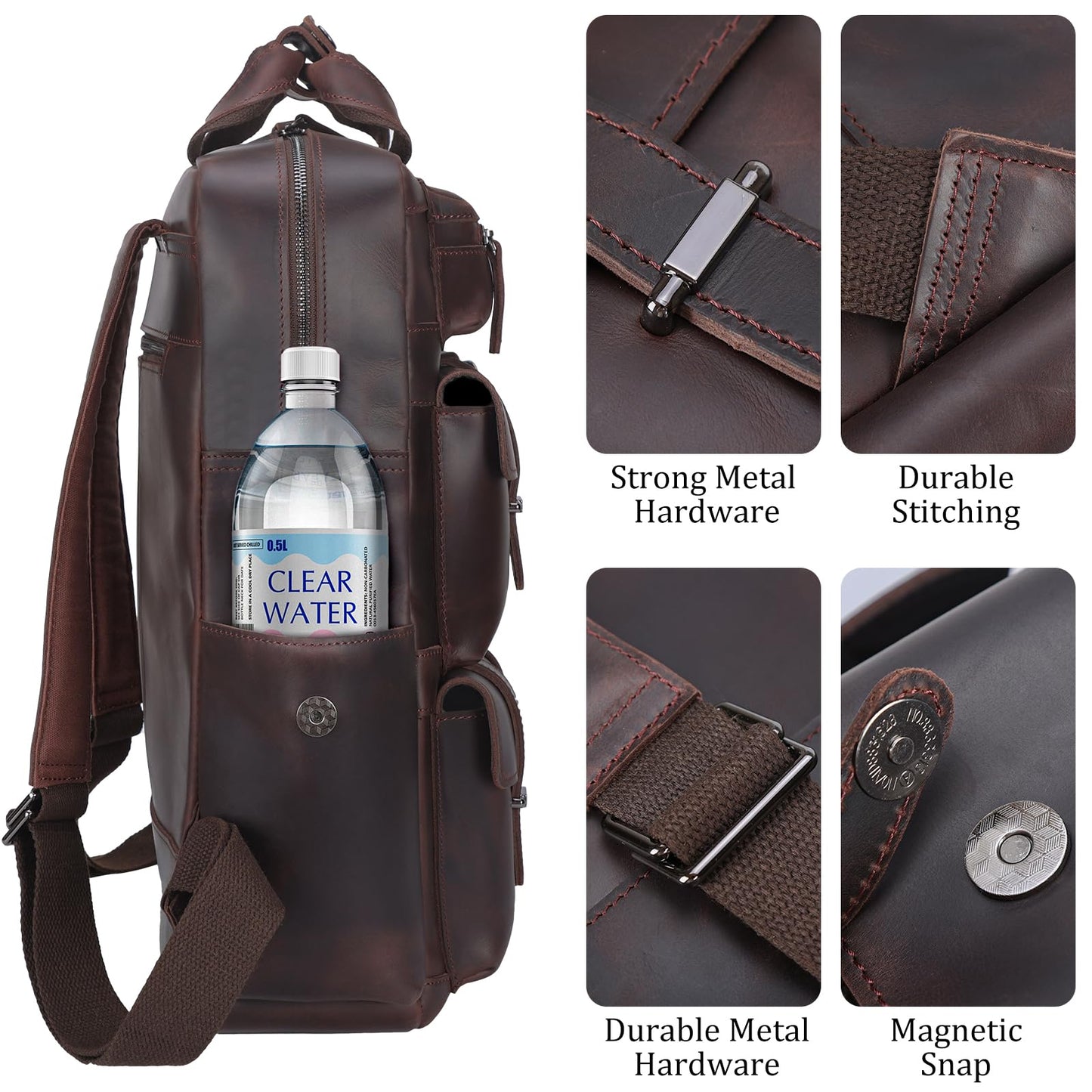 Polare Cowhide Leather Multiple Laptop Backpack Day pack Travel Bag Satchel with YKK Metal Zippers